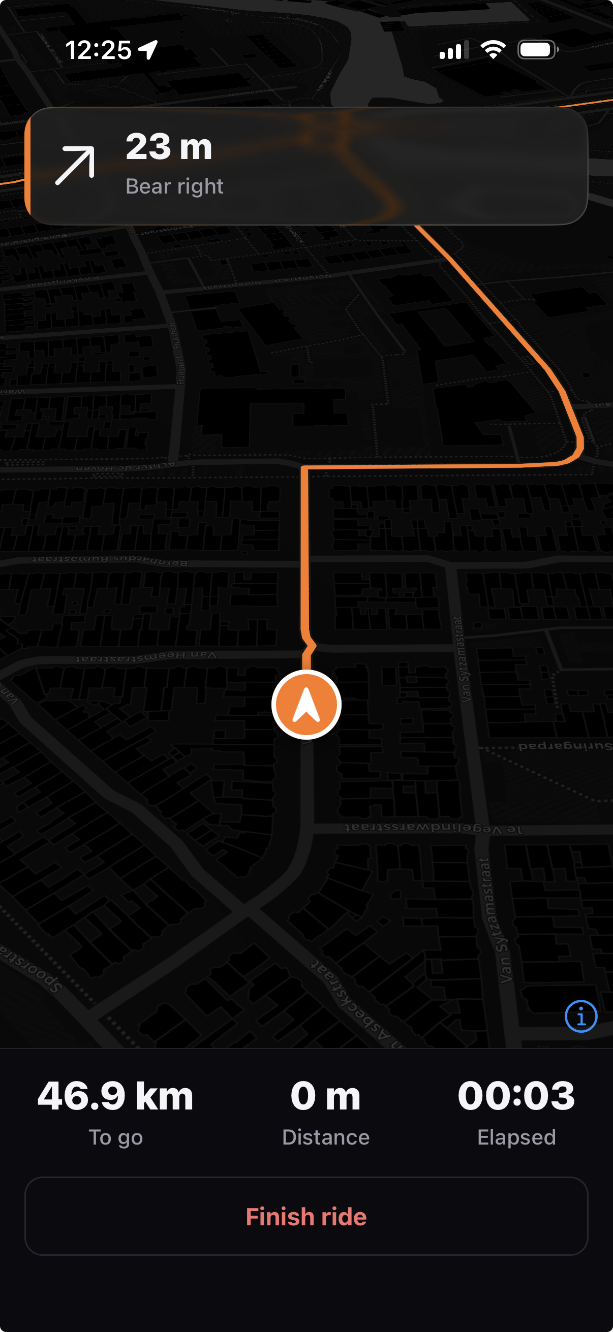 Turn-by-turn navigation in Dwaal: one orange line to follow with the next maneuver.