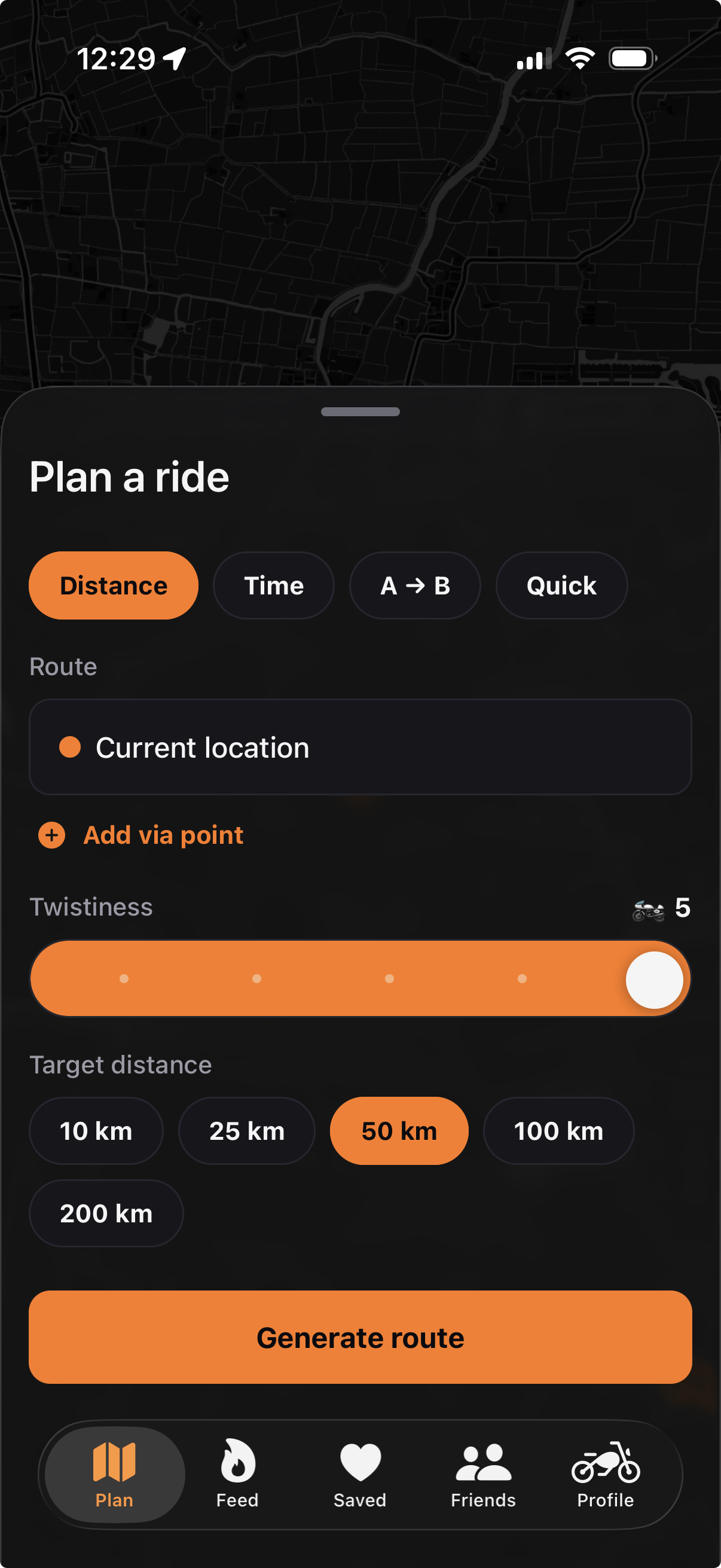 The Dwaal plan screen with Distance, Time, A to B and Quick modes.