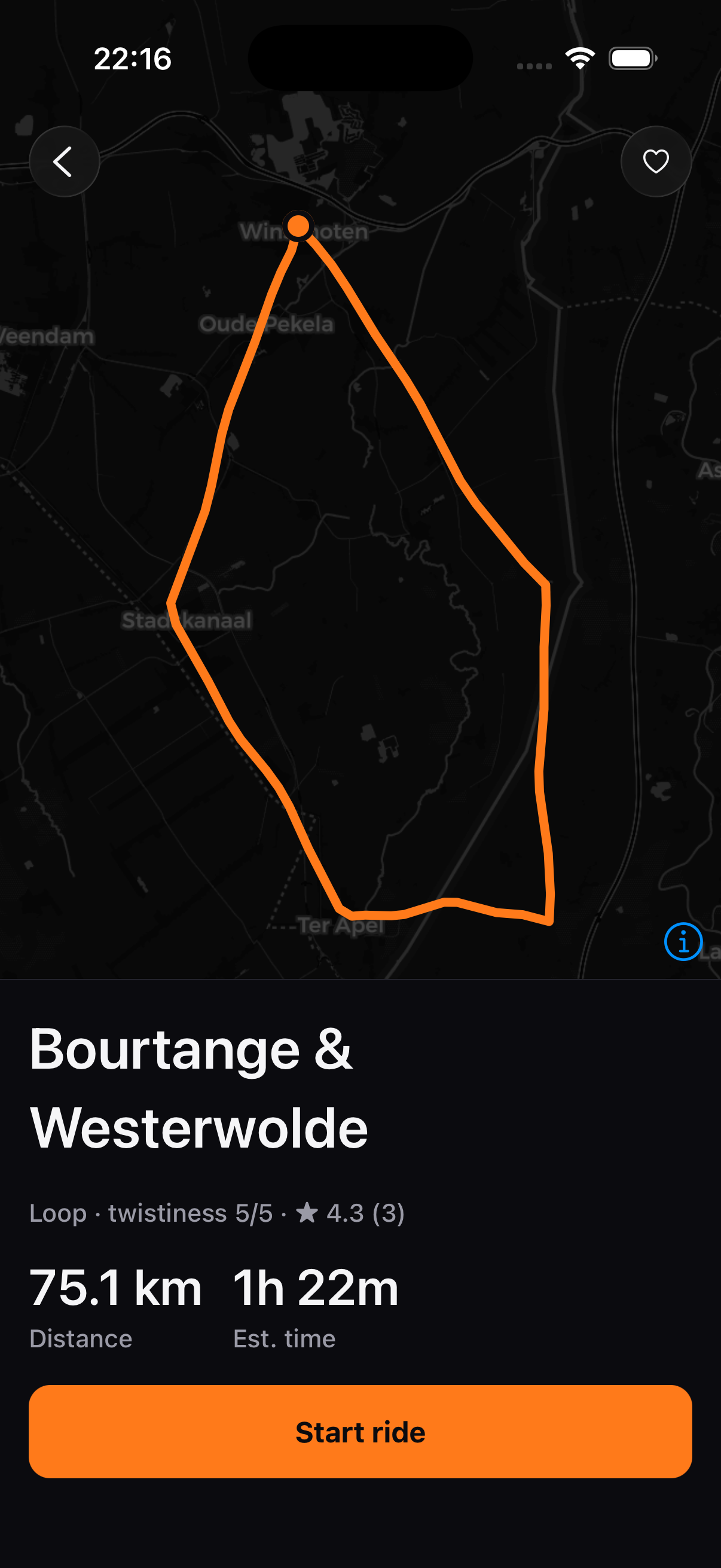 A twisty 75 km loop through Groningen shown in the Dwaal app, rated 4.3 stars.
